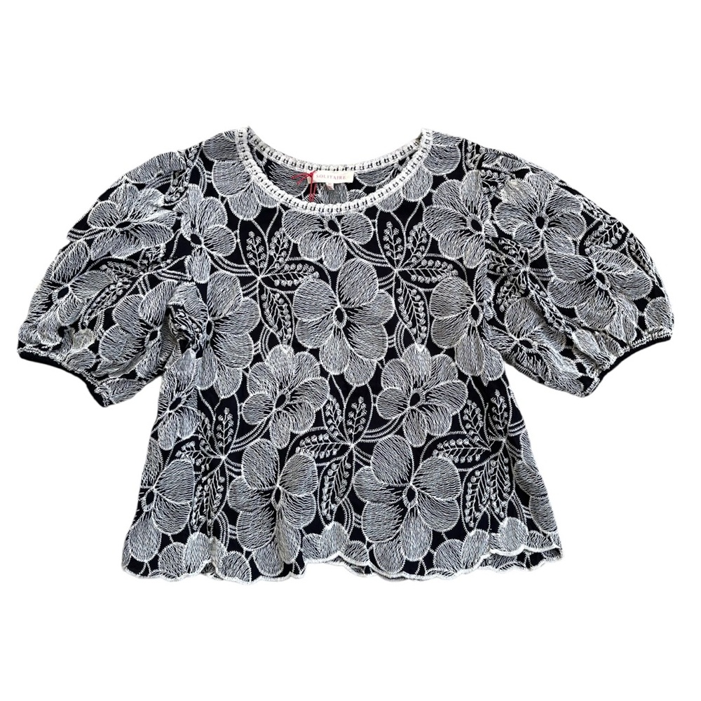 🌸 Solitaire Black & White Floral Embroidered Puff Sleeve Top NWT SZ M